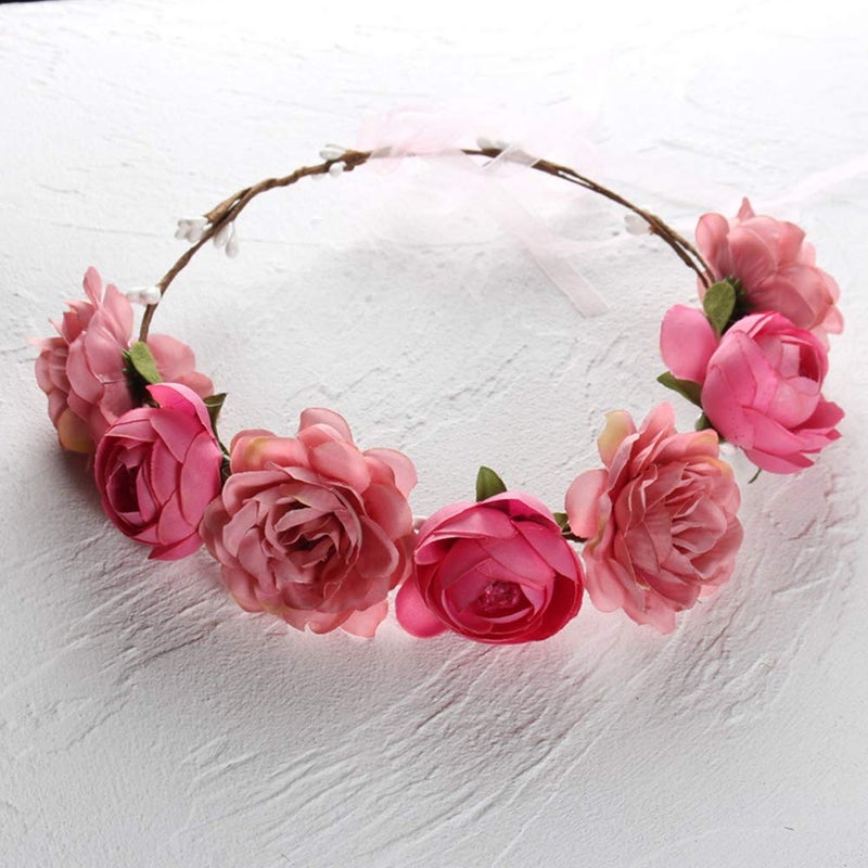 WLBON Flower Crown Headband Rose Wreath Garland Hair Bands Floral Wedding Bridal Hair Hoop Women Ladies Leaf Ribbon Party Decoration Headdress Headwear Christmas Handmade Headpiece Hair Accessories Pink - Image 5